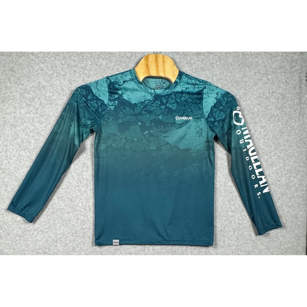 Magellan Outdoors Fishing Shirt Boys Large Blue Realtree Wav3 Long Sleeve Camo